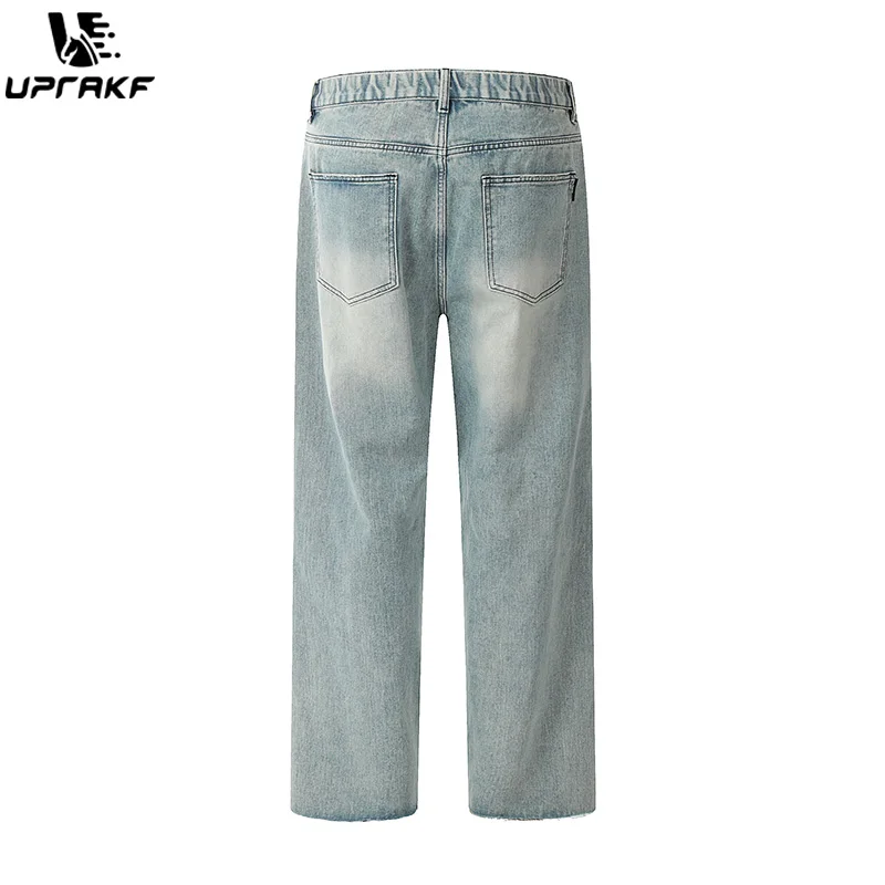 UPRAKF Straight-leg Ripped Jeans Summer Streetwear Basic Pants Fashion High Street Autumn Casual Denim Blue