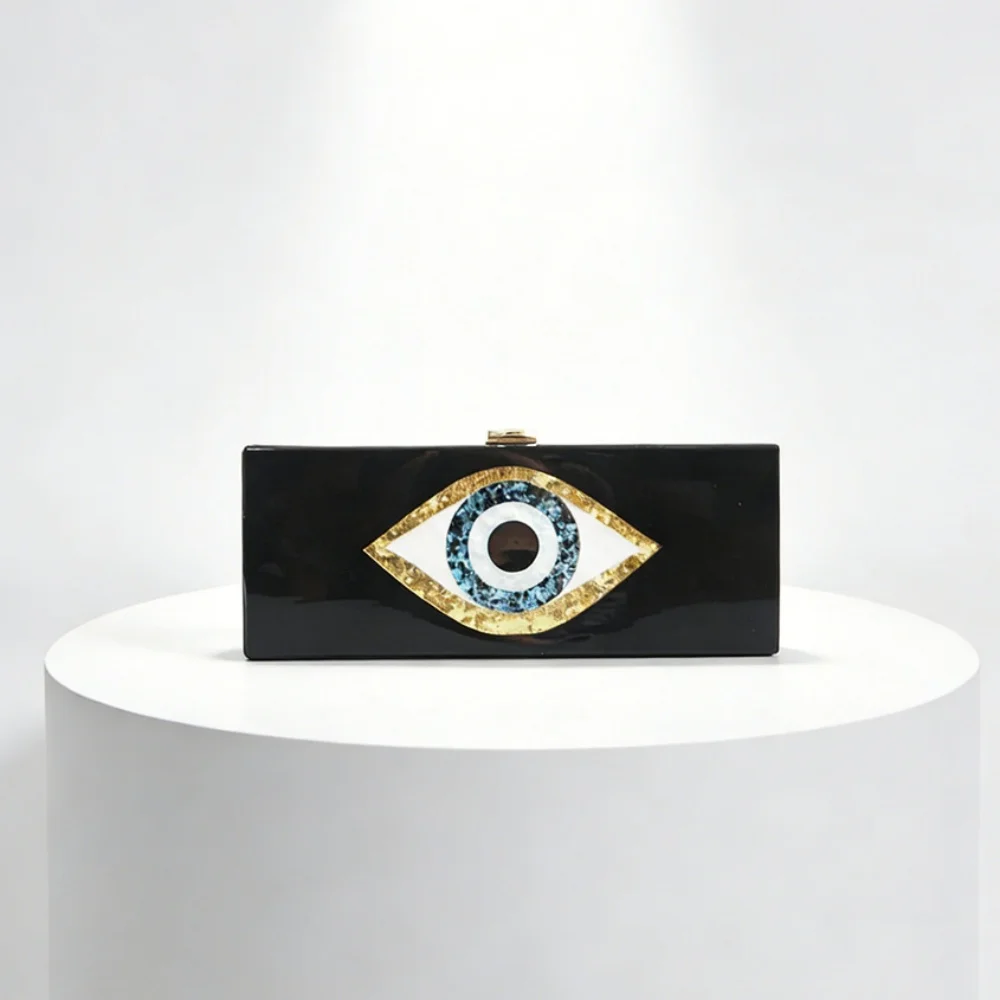 

solid black pearl white 25 cm X 10 cm long size acrylic box clutches bags handbag women brand evil eye cartoon evileye party bag