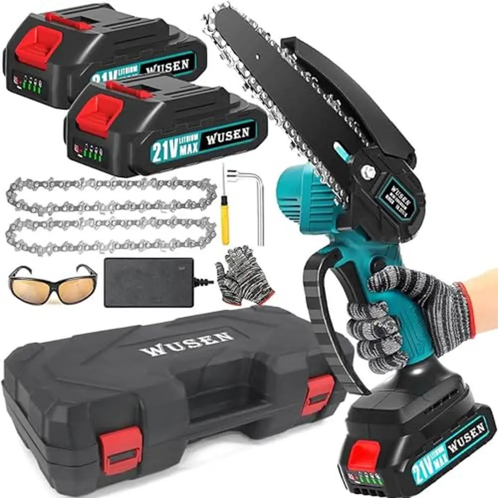 6-Inch Cordless Mini Chainsaw Kit with Two 21V Batteries & Charger Lightweight Handheld Chainsaw Efficient Cuts Security Lock &