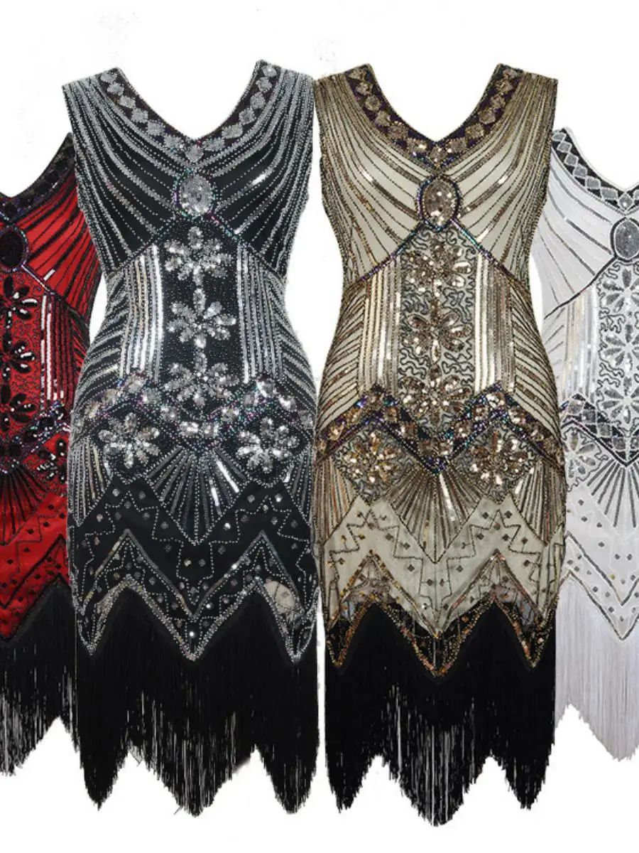 レトロなスパンコールとビーズをあしらった、ファッショナブルなフリンジ付きイブニングガウン、ローウエスト、スカート付き、パフォーマンス用