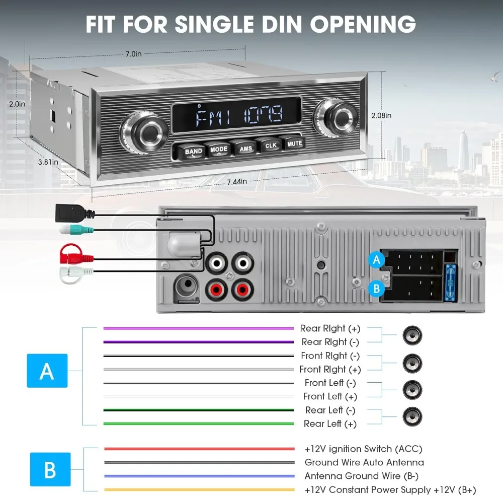 Bluetooth Retro Radio for Classic Cars: Single Din Vintage Stereo with AM FM Tuner, USB AUX Input, Subwoofer RCA Output view 6