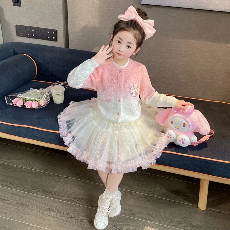 Anime Sanrio Children My Melody Knitted Cardigan Dress Set Embroidered Long Sleeve Tops Mesh Skirt 2Pcs Cartoon Kuromi Girl Gift