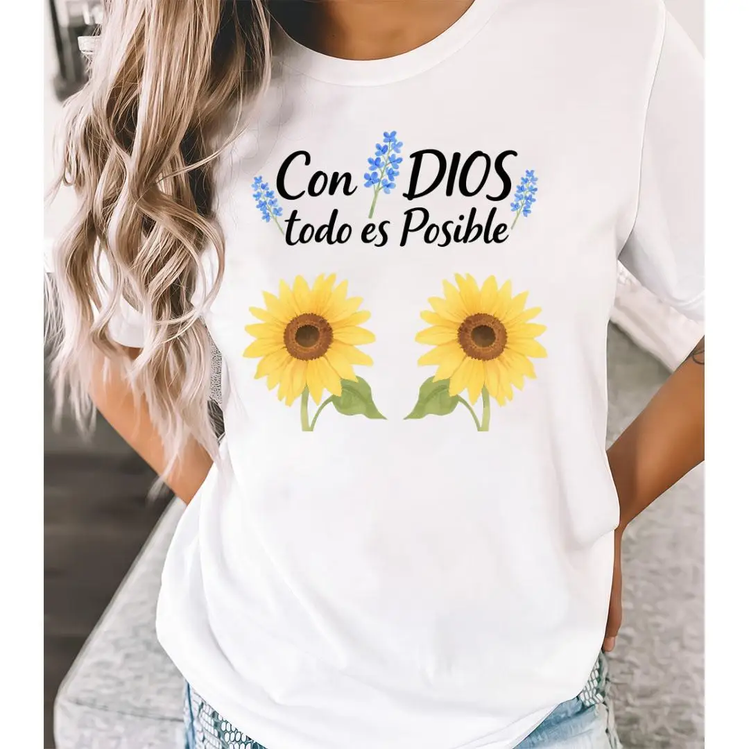

Con DIOS Todo Es Posible T-Shirt Christian Faith Apparel Sunflower Graphic Tee Women Religious Gift