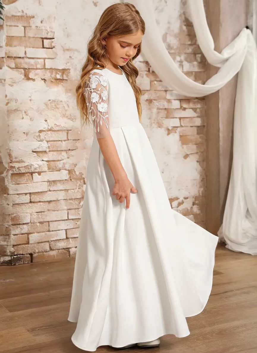 2025 Blumenmädchenkleid in A-Linie mit weißen Flecken, bodenlang, 4-Wege-Stretch-Hochzeitskleid für Mädchen nach Maß