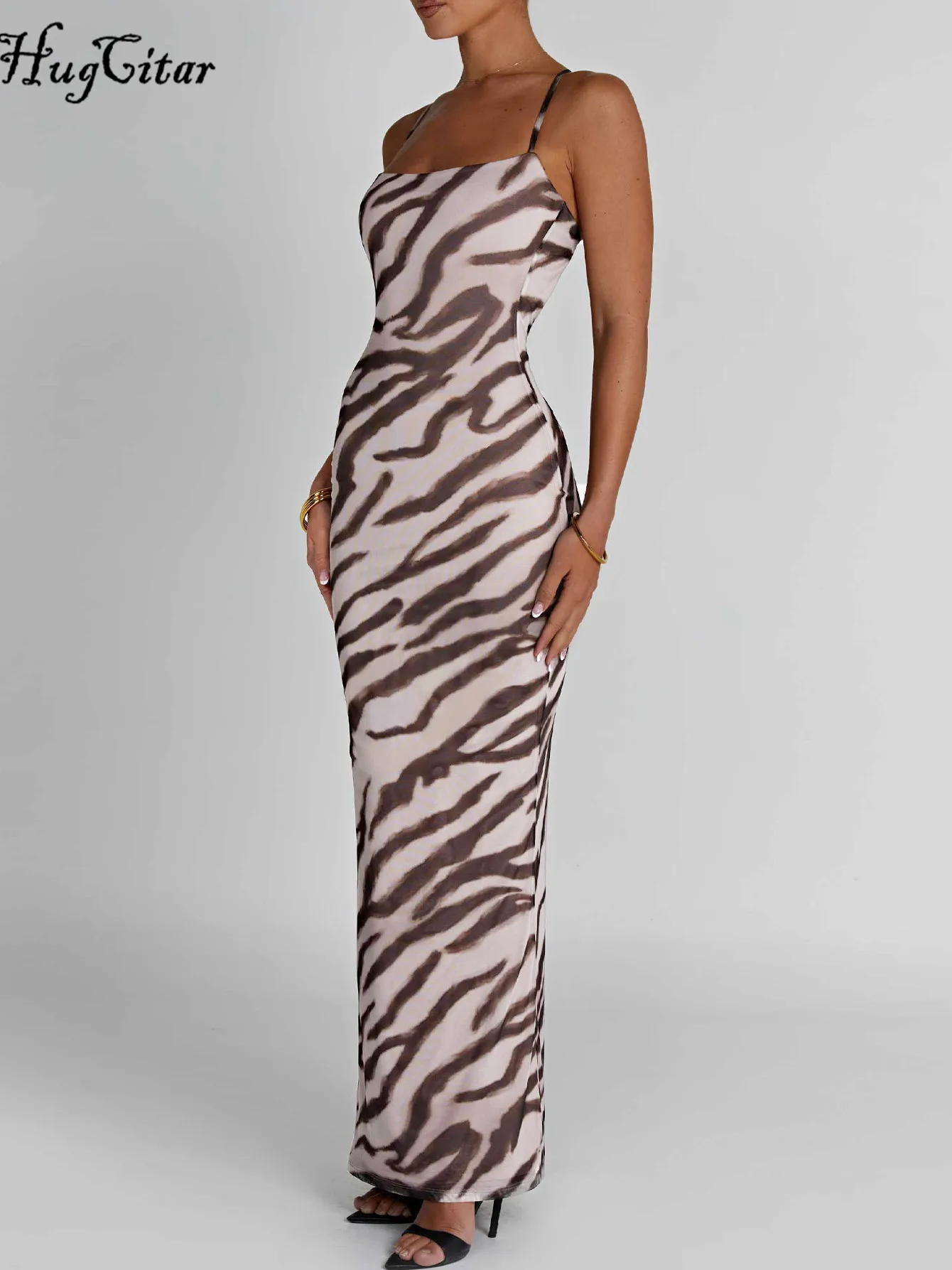Hugcitar Zebra-Print-Slips, rückenfrei, sexy, figurbetontes Maxikleid, 2025, Frühling, Damenmode, Y2K-Kleidung, Geburtstagsfeier, Festival