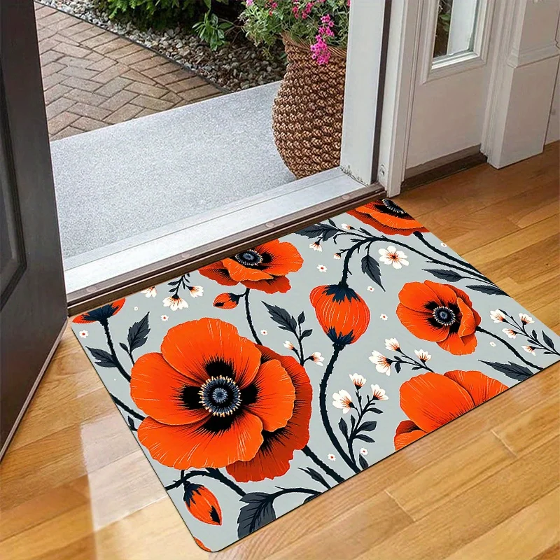 Striking Red Poppy Doormat Grey Background Floral Print Non Slip Entry Rug For Entryway Hallway And Artistic Home Decor