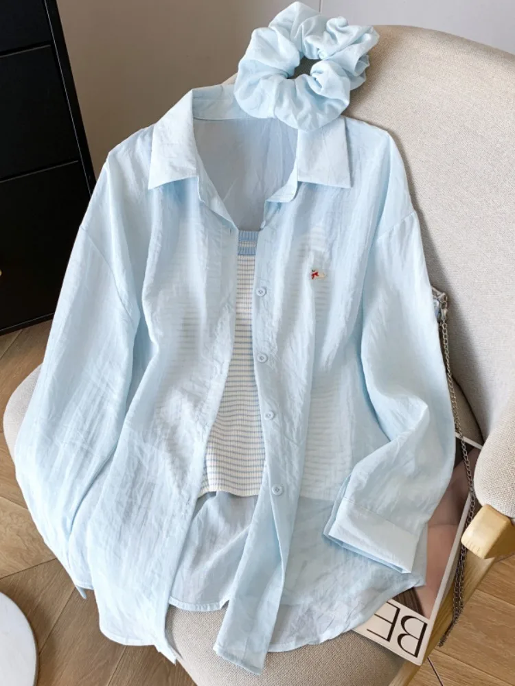 

Blue Silk Ice Thin Shirt Women's Summer Lightweight Sun Protection Inner Wear Striped Tube Top Two-Piece Set Korean Style Com...
