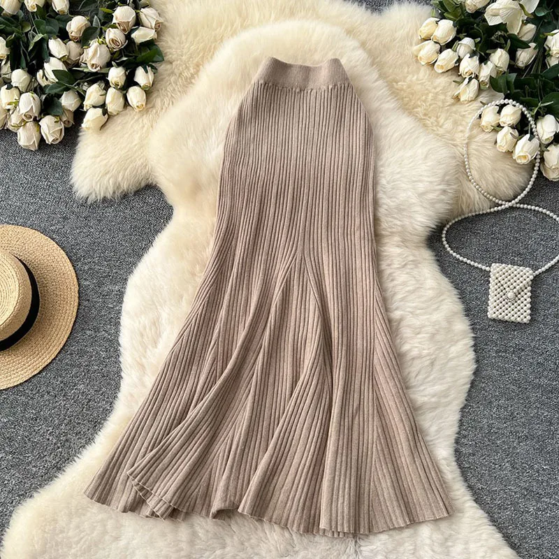 Female French Knitted Mermaid Skirt Autumn Stretch High Waist Rib Knit Classy Winter Thick Versatile Basics Long Skirt