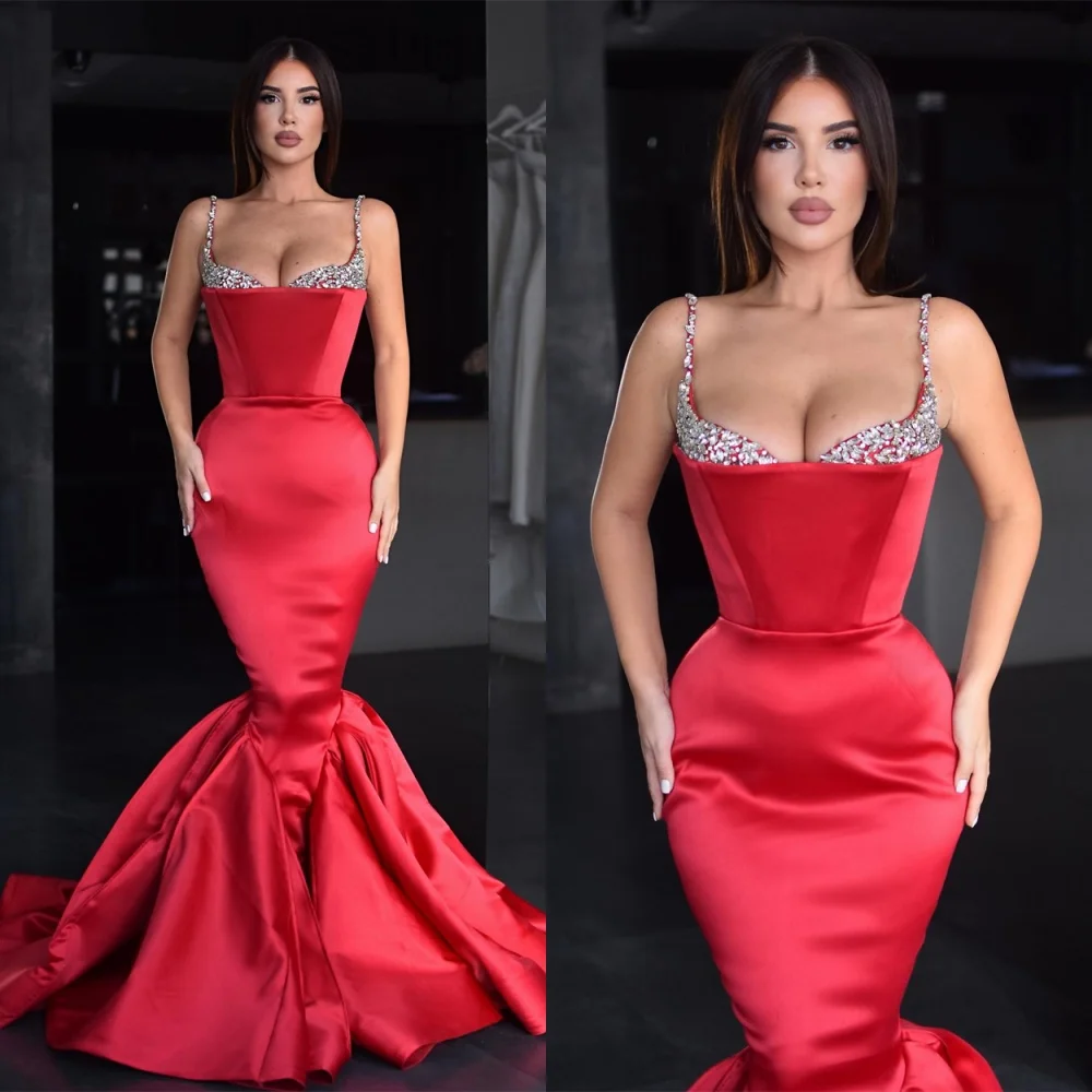 

Customized Mermaid Luxury Satin Evening Dress Modern Strapless Sleeveless Homecoming Dresses Court Train Special Occasion Gowns