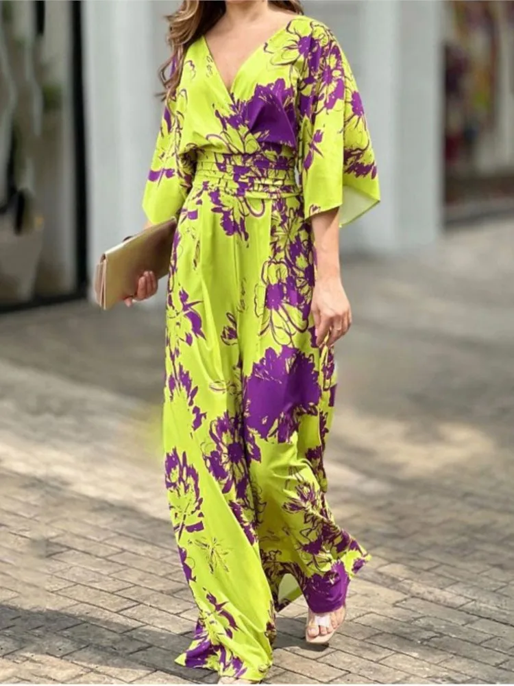 Summer New Printed Jumpsuits Women Temperament Elegant Ladies V-neck Backless Leace-up Bat Sleeve High Waist Wide Leg Jumpsuit