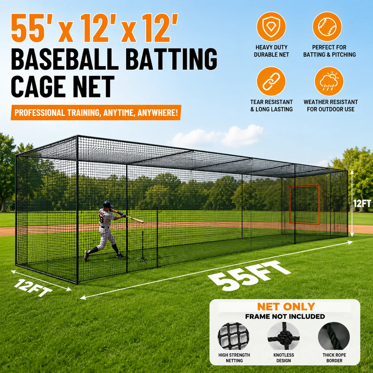 Practice Net Hitting - 55x12x12フィートの野球バッティングネット、ドア付き屋外バッティングケージネット、裏庭、フィールド、スポーツトレーニング用ソフトボール練習ネット
