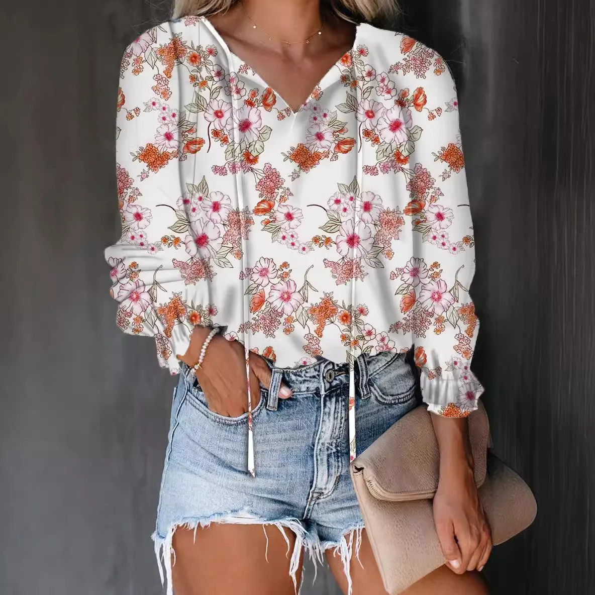 

Summer And Autumn New Floral Print Shirt V-neck Long Sleeved T-shirt Top For Women 2025 Fashion Drawstring Long Sleeved Top