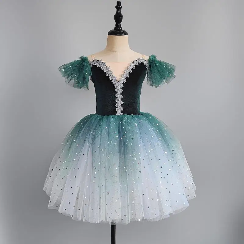 Vestido de balé verde real infantil, vestido de dança tutu romântico para meninas, collant infantil, bailarina, performance de grupo