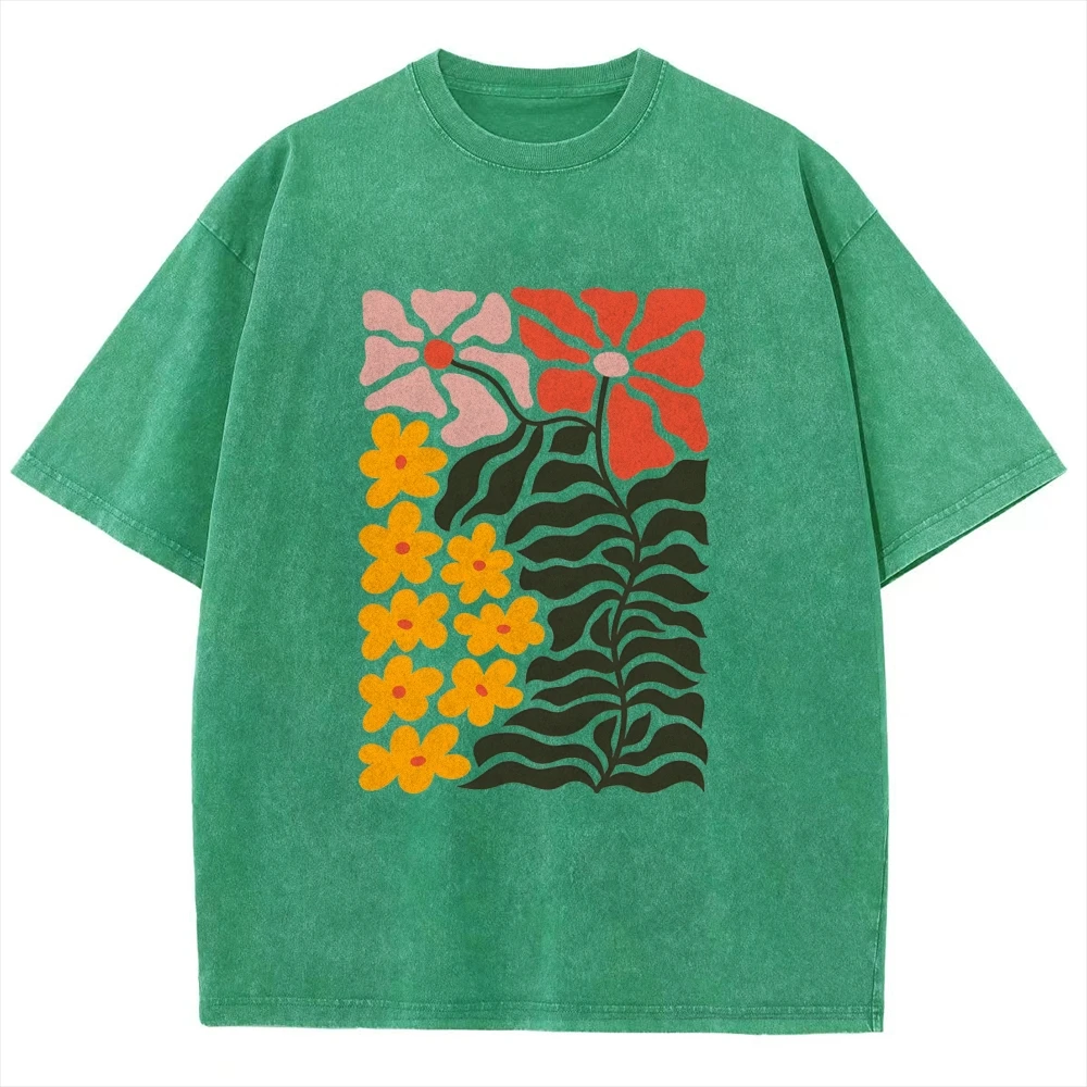 Abstract Floral Print Vintage Unisex Washed T-shirt, Colorful Flowers Leaves Tee, Boho-Chic Beige Tee