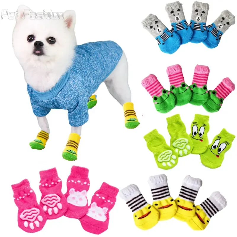 4Pcs Cute Pet Dog Socks with Print Anti-Slip Cats Puppy Shoes Paw Protector Products for Small Breeds Spitz York Dogs Chihuahua