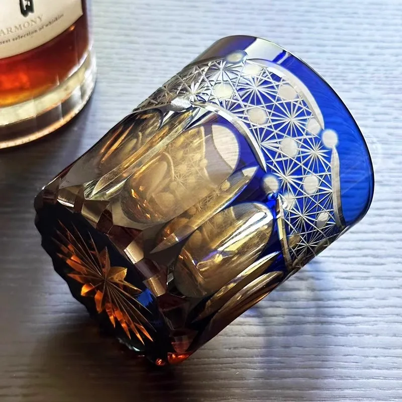 Japanese Edo Kiriko  Whiskey Glass , Hand Carved, Wooden Box Gift, Thick Bottom Wine Glass
