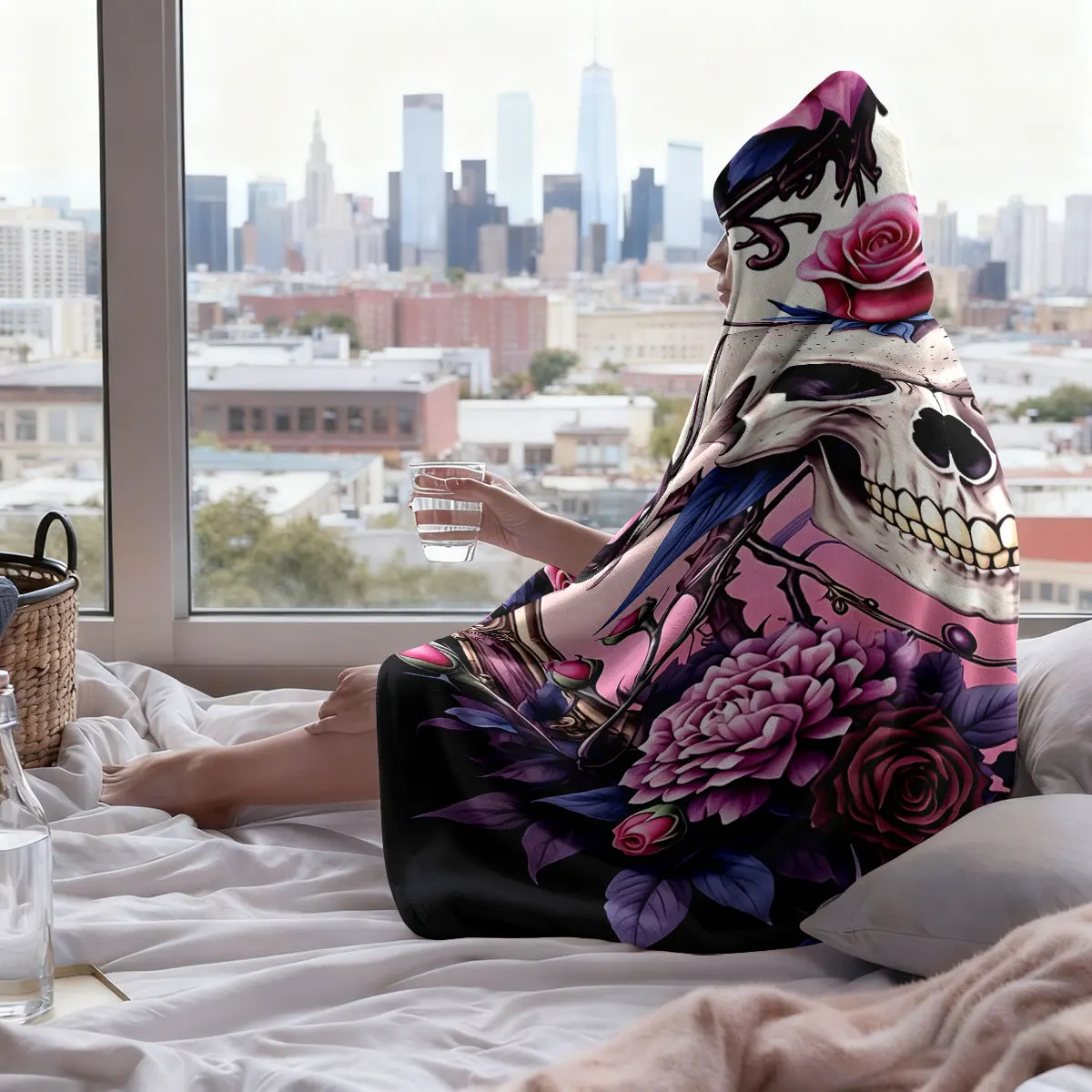 1pc Gothic Skull Rose Printed Hat Blanket Flannel Hoodie Wearable Cape Blanket Soft and Casual, Can Be Washed - view 6