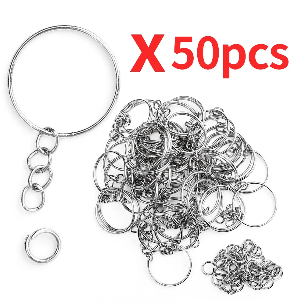 50Pcs Keyring Blanks 55mm Silver Tone Keychain Key Fob Split Rings 4 Link Chain Charms Split Ring Keyfob Key Holder Link Rings