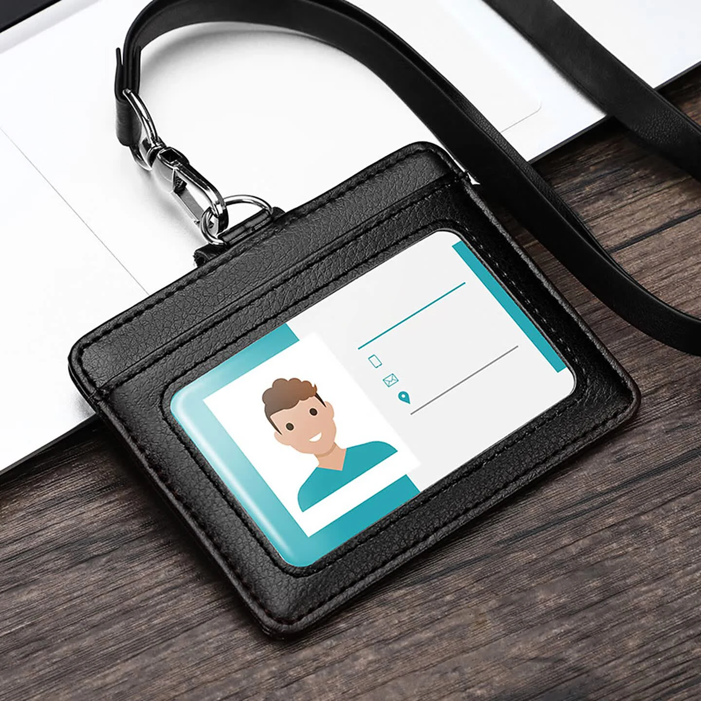3 Cards Durable ID Card Holder Business Real Leather Office Staff Badge Cases with Lanyard Aviation Style