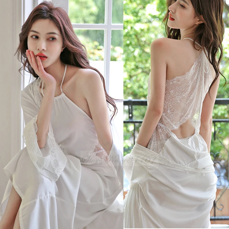 Female Long Twinset Robe Set Sexy Patchwork Lace Backless Suspender Nightgown Sleepwear Summer Casual Satin Bathrobe Home Dress