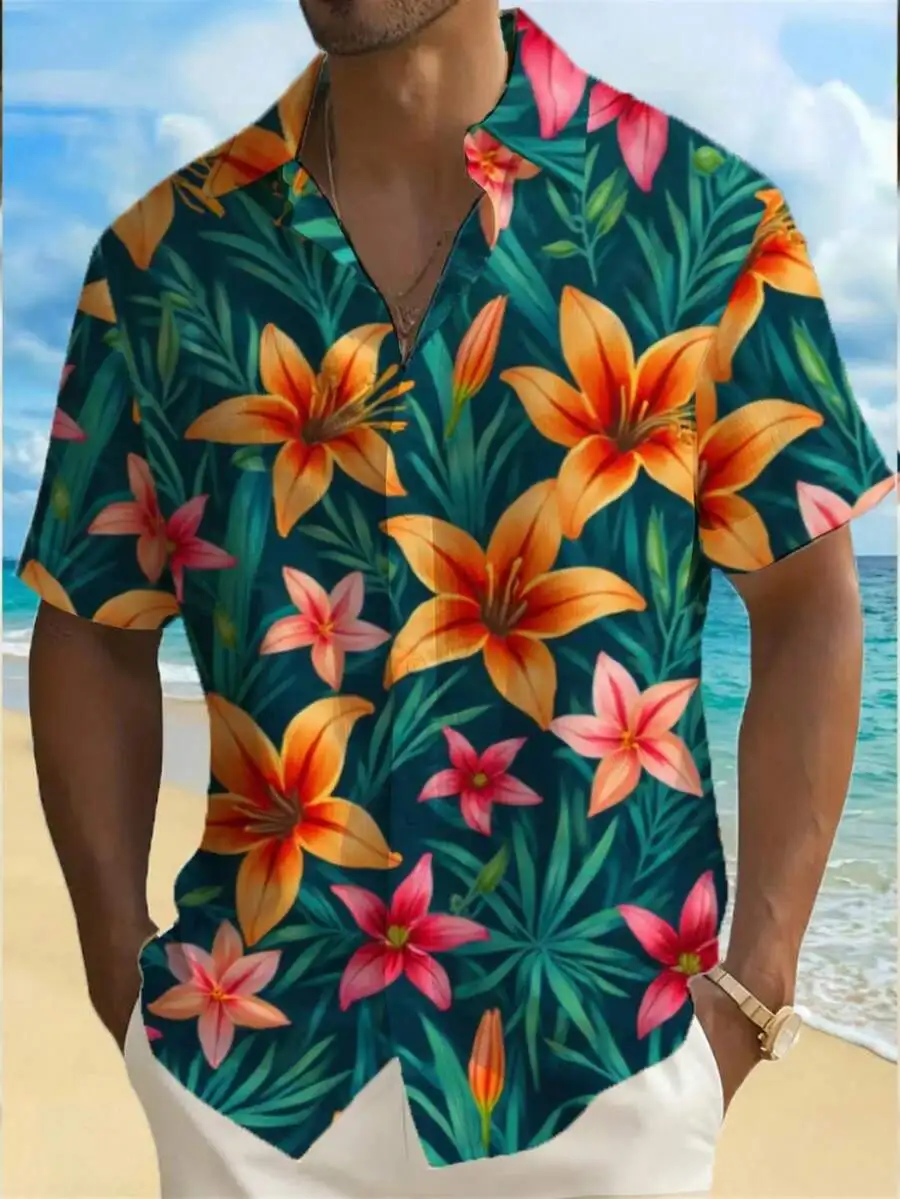 

Mens 3D Printed Tropical Lily Floral Hawaiian Shirt Casual Beach Vacation Wear