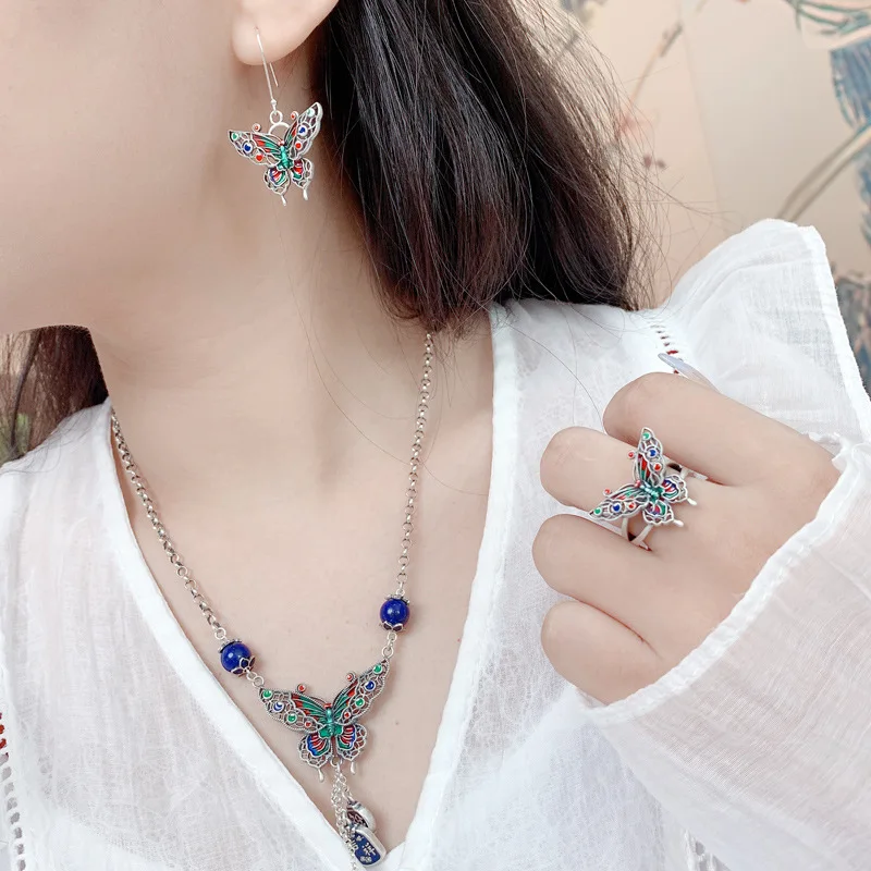 Vintage Ethnic Style Colorful Enamel Butterfly Tassel Necklace for Women Original Design Sweet Long Pendant 925 Silver Jewelry