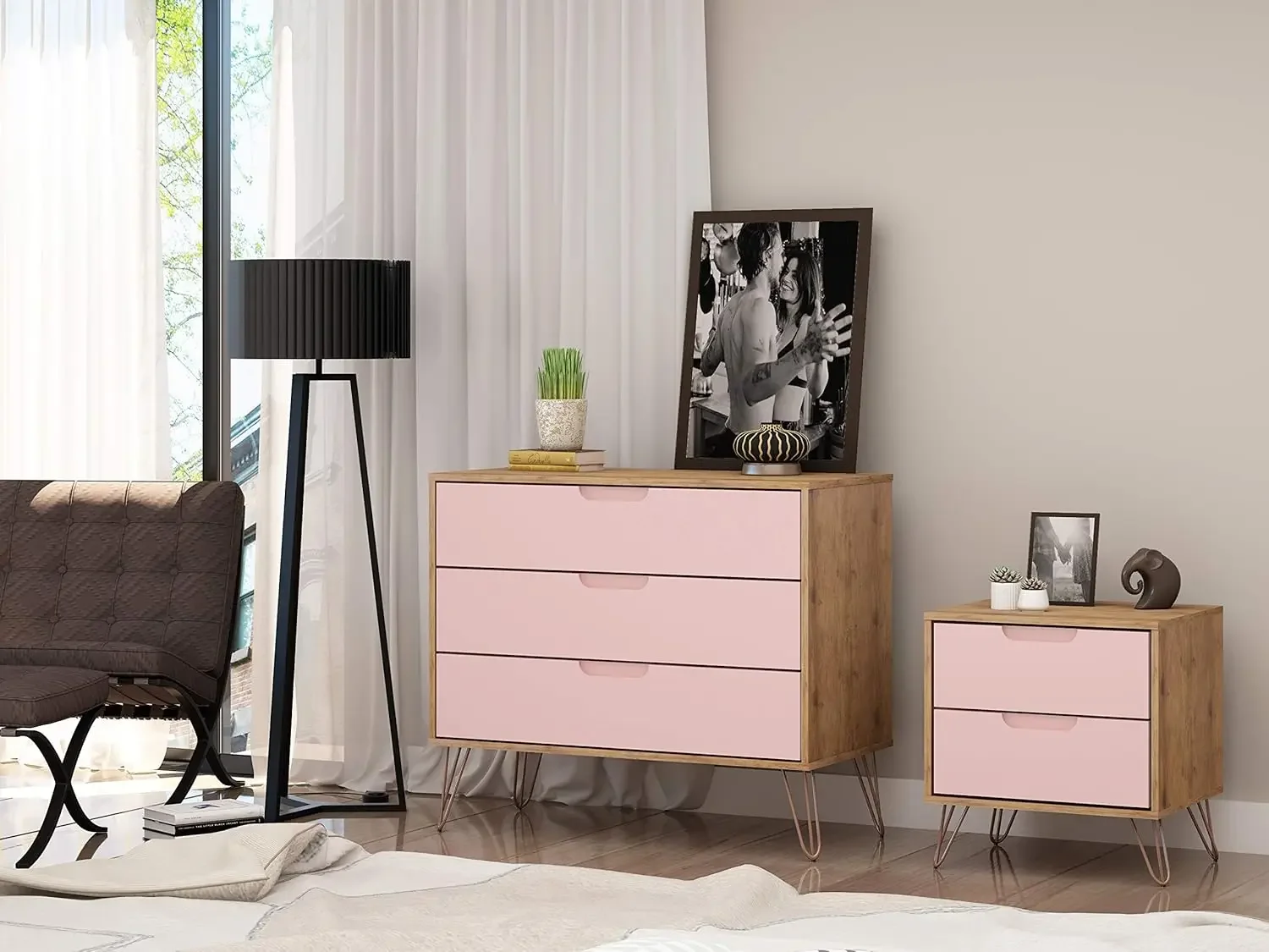 Comfort Rockefeller Mid-Century Modern 3 Drawer Bedroom Dresser with Nightstand, Set of 2, Nature/Rose Pink