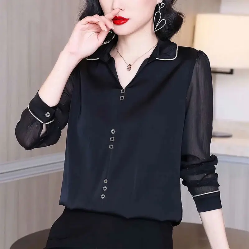 Office Lady Turn-down Collar Blouse 2022 Spring Autumn Bright Line Decoration Stylish Button Female Solid Color Patchwork Shirt