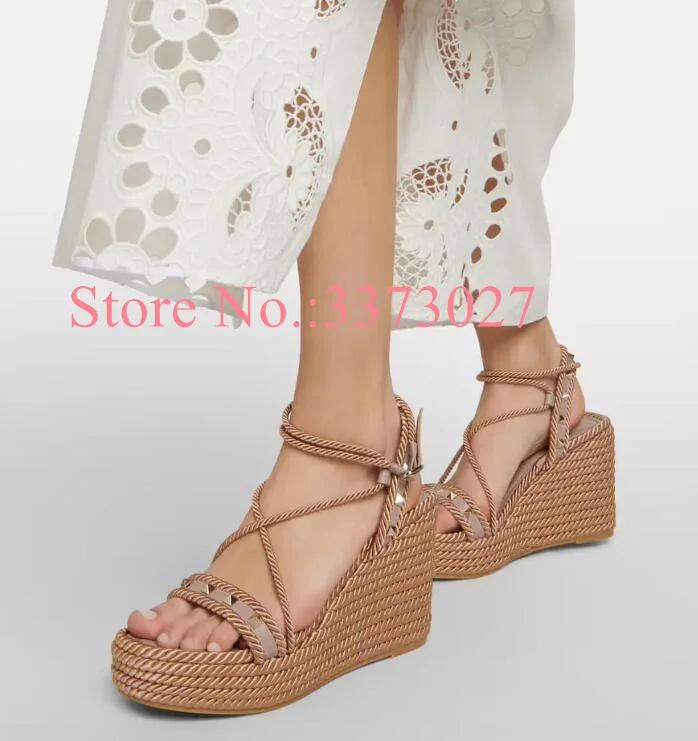 Pink Color Ropes Lady Sandals New Design Mixed Color Rivets Wedge Shoes Woman Fashion Spikes Platform Sandals Dropship