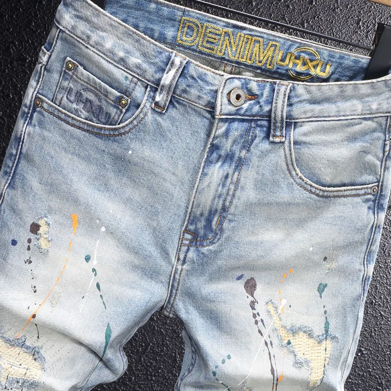 Y2Kfashion new jeans scratch washed nostalgic stretch slim fit pleated painted blue jeans high street embroidered pants ho