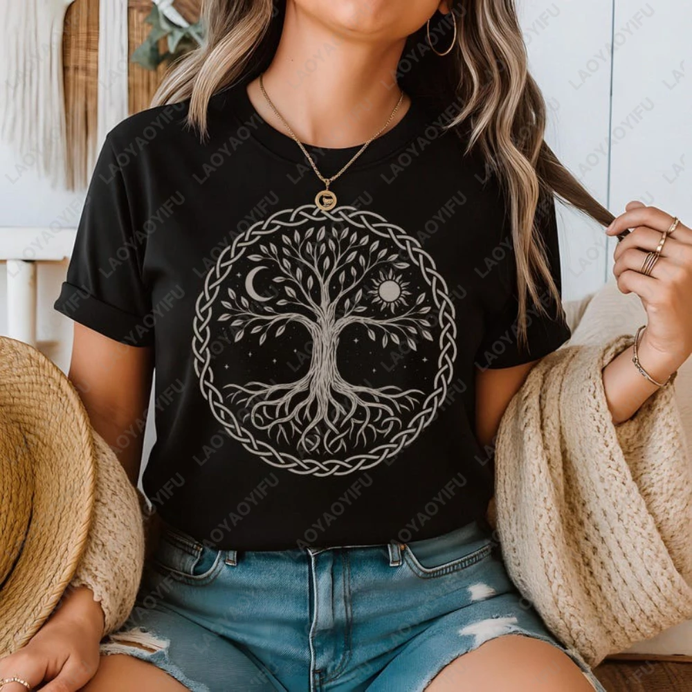 Tree of Life with Sun Moon Printed T-shirt Tops Spiritual Gift for Nature Lovers Shirt Woman Clothes Man Cotton Streetwear Tops
