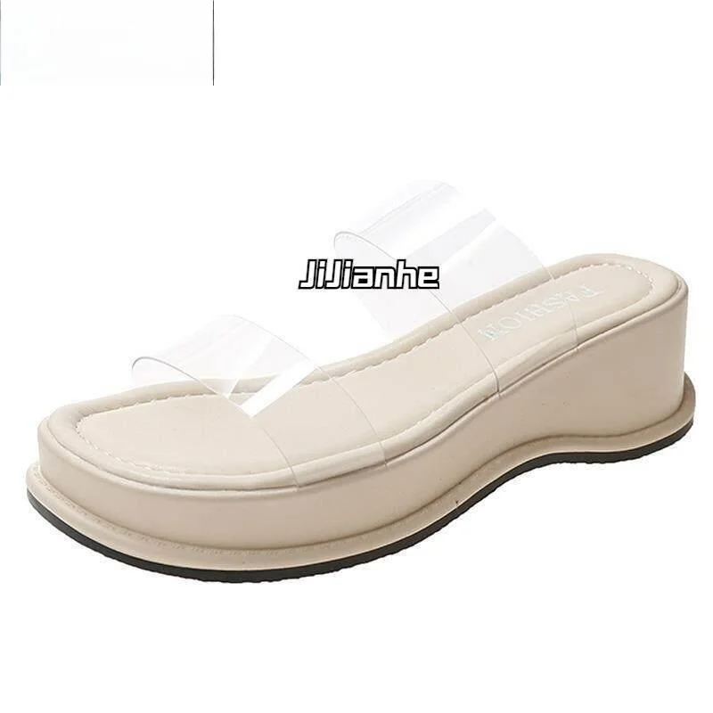 Thick Heel Platform Slippers Women Summer Outdoor Wear Fairy Style Transparent Sandals High Heel Slip-On Shoes Breathable Rub...