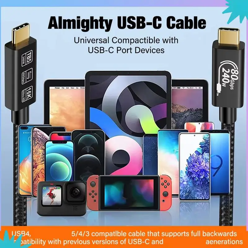 ABZW Thunderbolt 5 80Gbps USB 4.0 Type-C كابل تمديد البيانات 240 واط 16 كيلو كابل شحن سريع تخزين بيانات فائق السرعة لـ USB C Mo