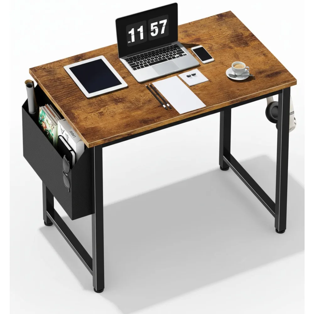 

Compact 31 Inch Rustic Computer Desk with Storage Bag & Headphone Hook for Small Spaces Home Office Study Table