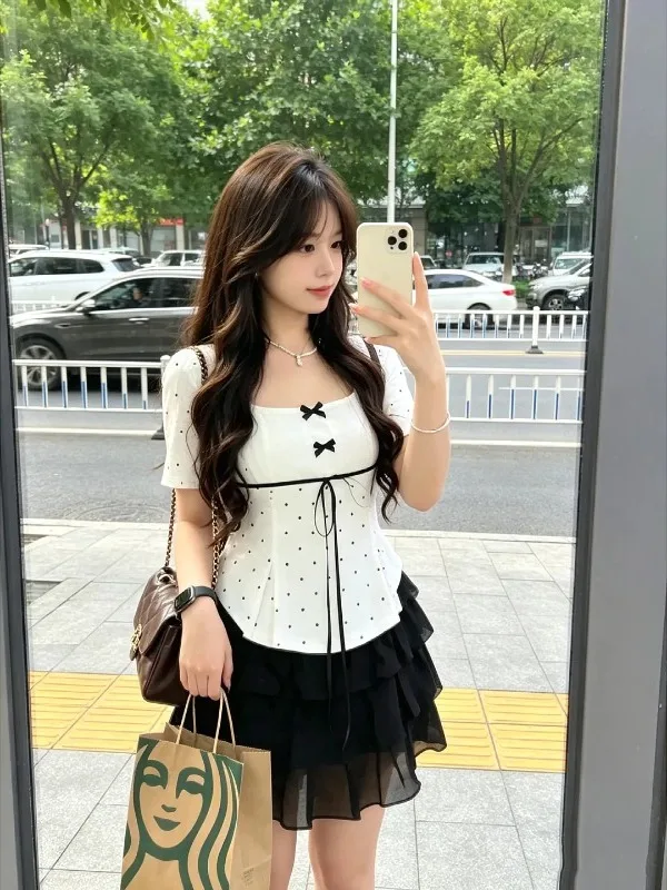 

Sweet Polka Dot Square Collar plus Size Women's Shirt Short Sleeve Slimming Top Korean Style Commute Fashion Summer Beauty