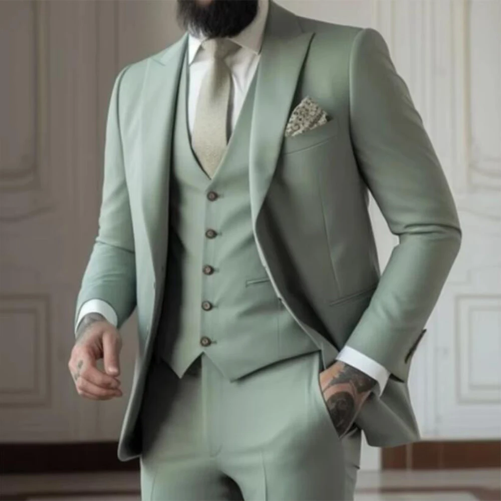 

Gorgeous Men's Suits Single Breasted 3 Pieces Green Black Gray Jacket Pants Vest Blazers Sets Banquet Office Male Clothing