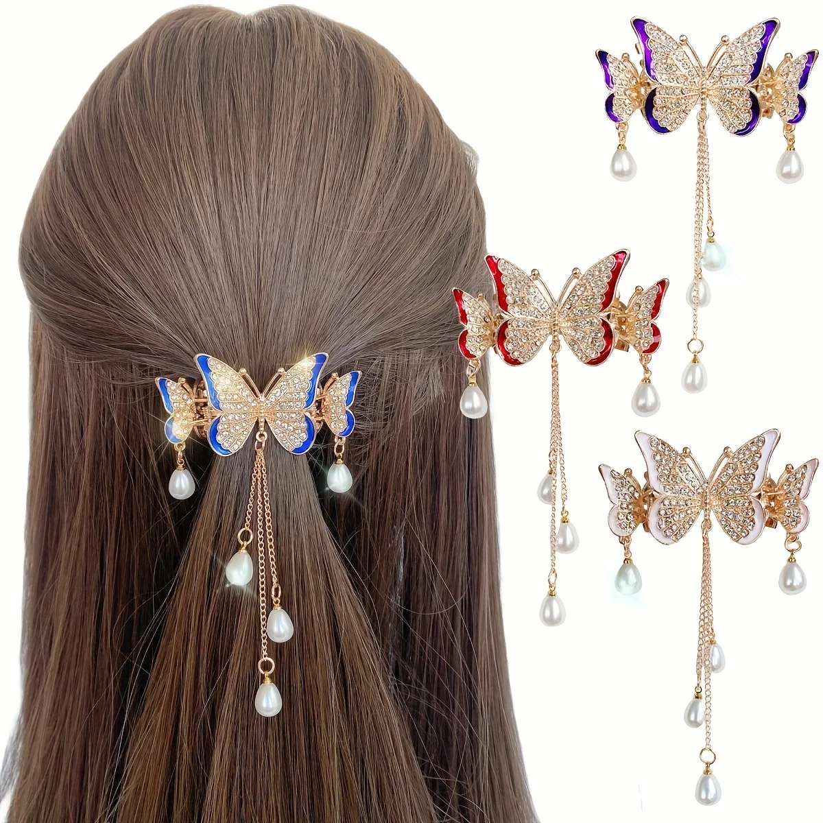 1pc Butterfly Hair Clips - Stunning Pendant Hair Clip with Tassel and Faux Pearl, Elegant Rhinestone Decor Ponytail Clip