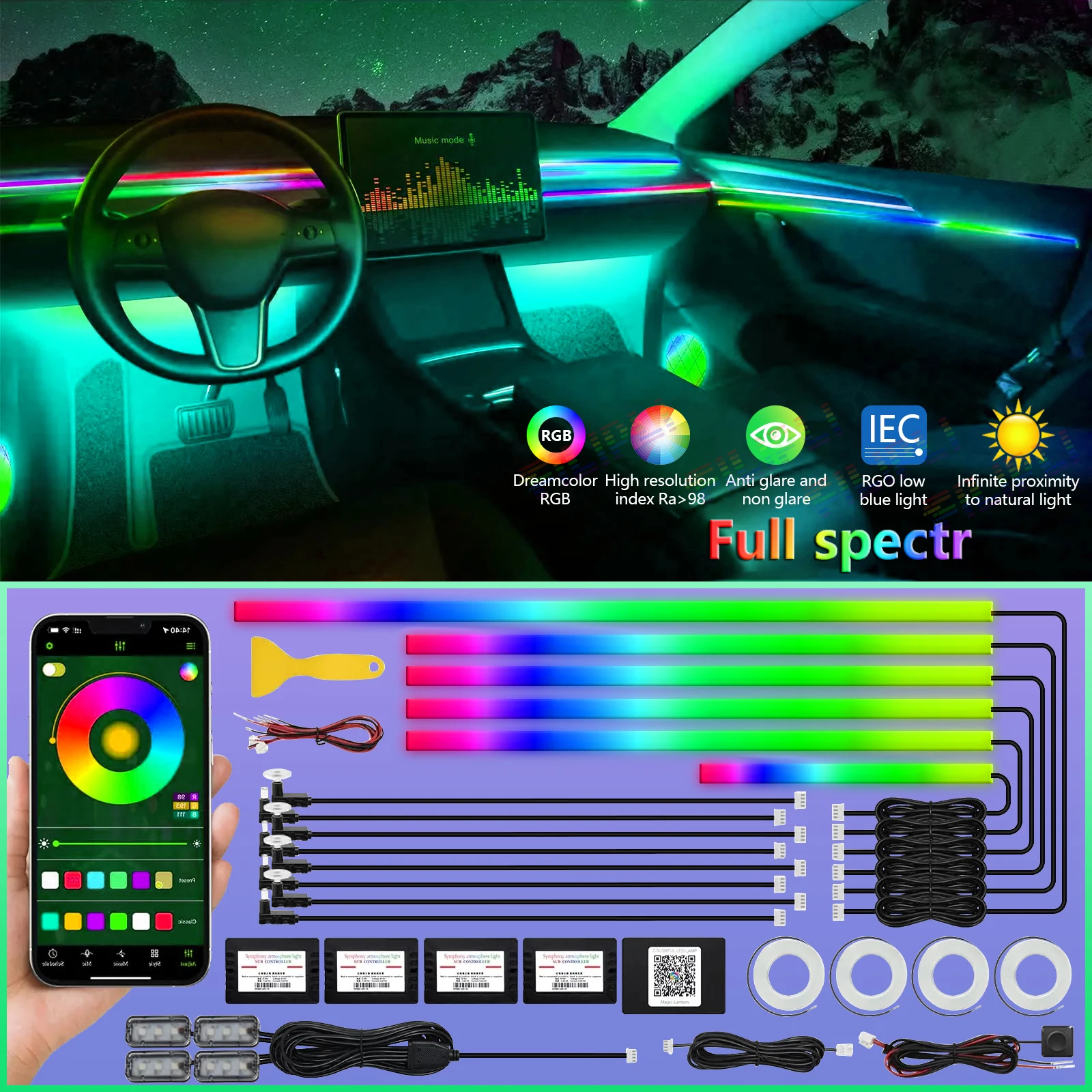 10/18/22 in 1 213 64 Color Rgb LED Interior Streamer Symphony with Remote Car Ambient Light Atmosphere Rainbow Acrylic Strip 12V