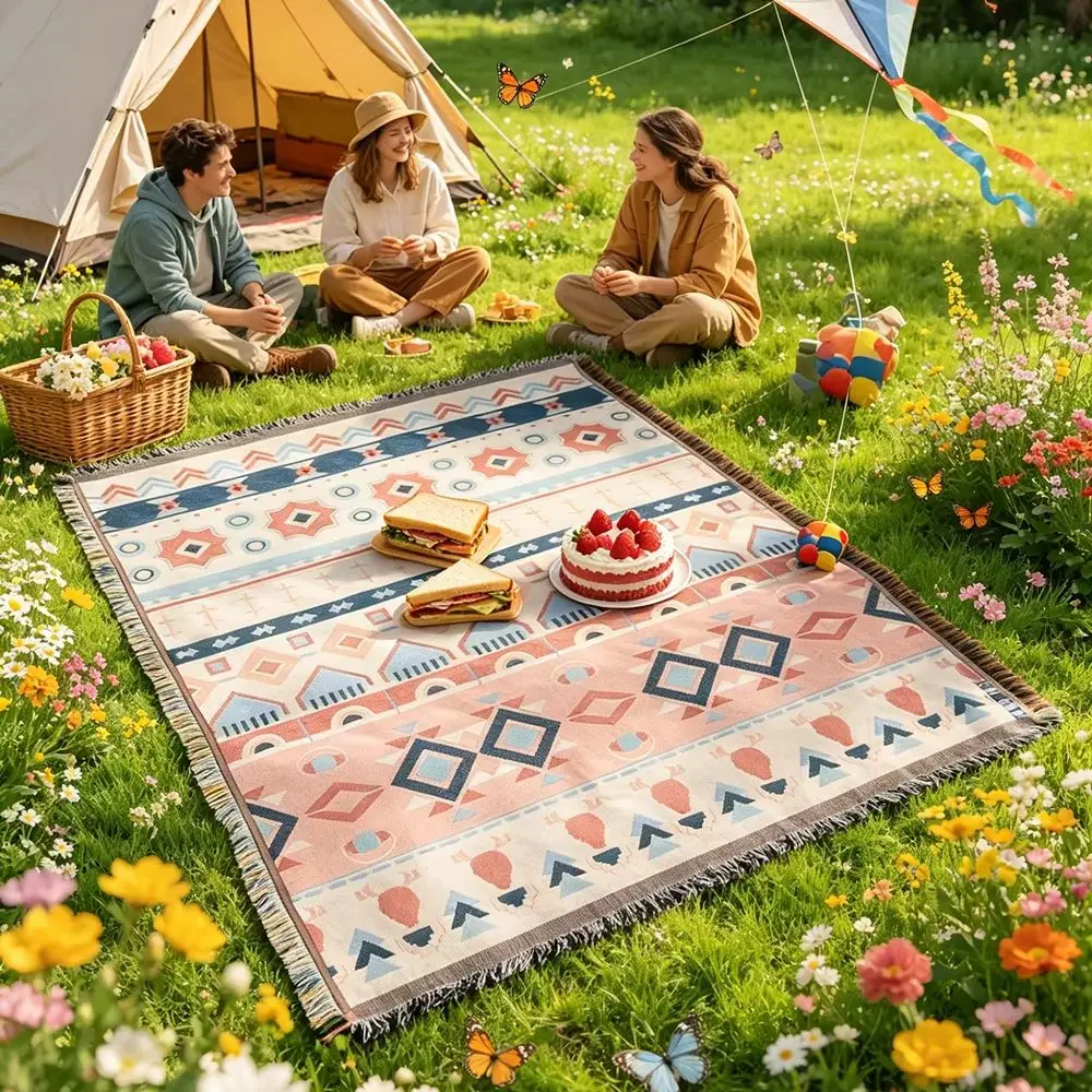 

Bohemian Style Picnic Mat Thick Durable Foldable Washable Outdoor Camping Blanket Tablecloth for Spring Picnic Beach
