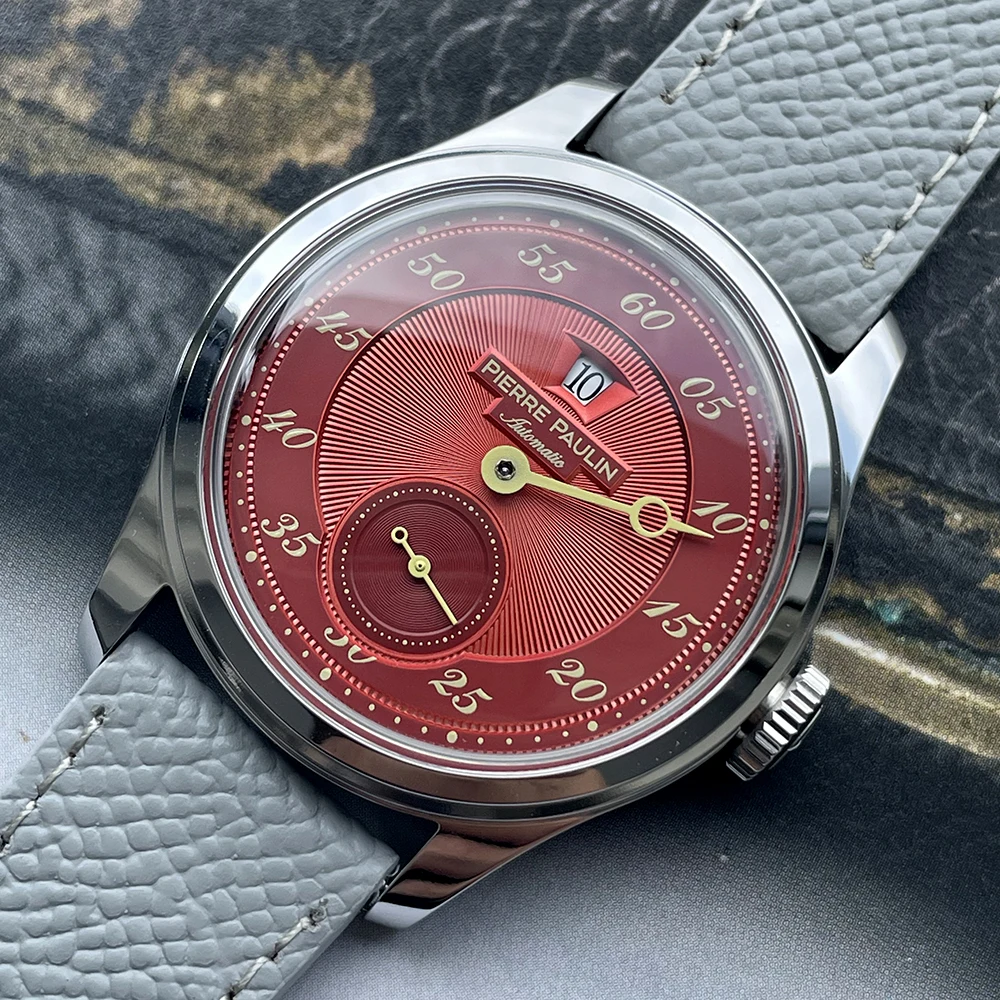 Nuevo Reloj Pierre Paulin Jumping Hour para Hombre, esfera de salmón, Reloj mecánico automático St17, abertura para fecha Vintage, Reloj de 38mm para Hombre