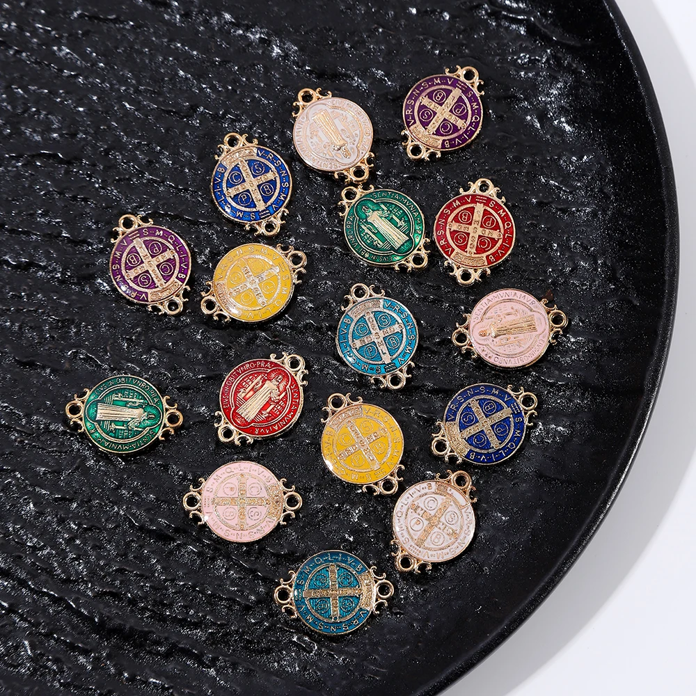 30Pcs  Fancy Mini Saint Benedict Double Sided  Pendants With 2 Vertical Holes Medalla San Benito