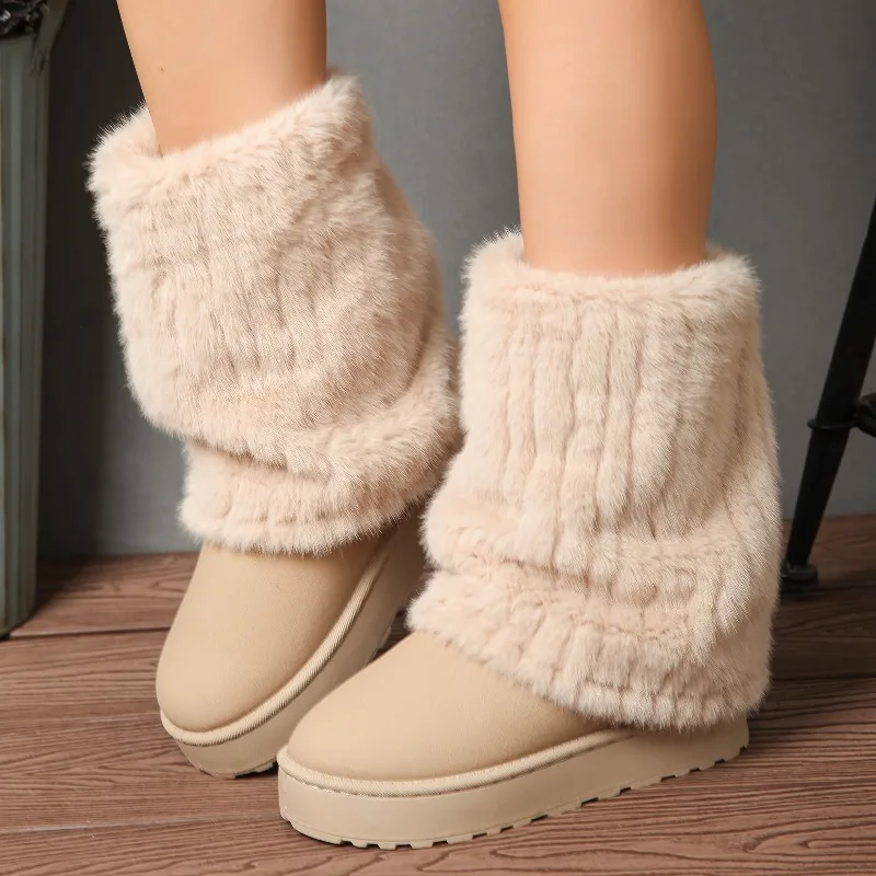 Sapatos de algodão fofos de sola grossa elegantes e versáteis para mulheres de inverno, novas botas de neve com alça de fivela 2025