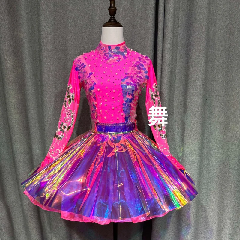 Women Group Jazz Dance Costume Sequins Top Laser Skirt Christmas Day Party Festival Outfit Nightclub Dj Ds Stage Gogo Wear 8771