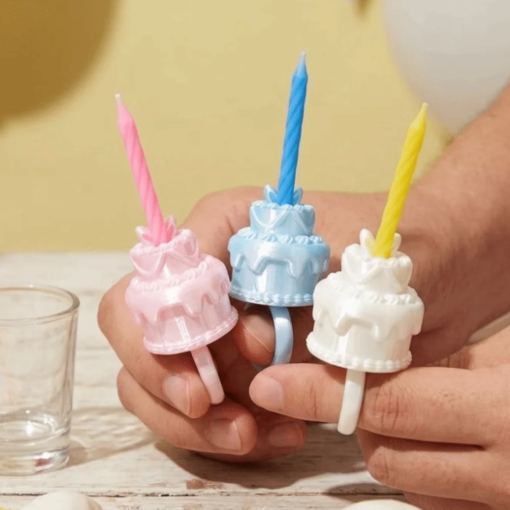 3D Simulation Cake Cake Ring Candle Holder Silk Finish Romantic Birthday Cake Ring Topper Novelty Plastic Surprise Ring Prop