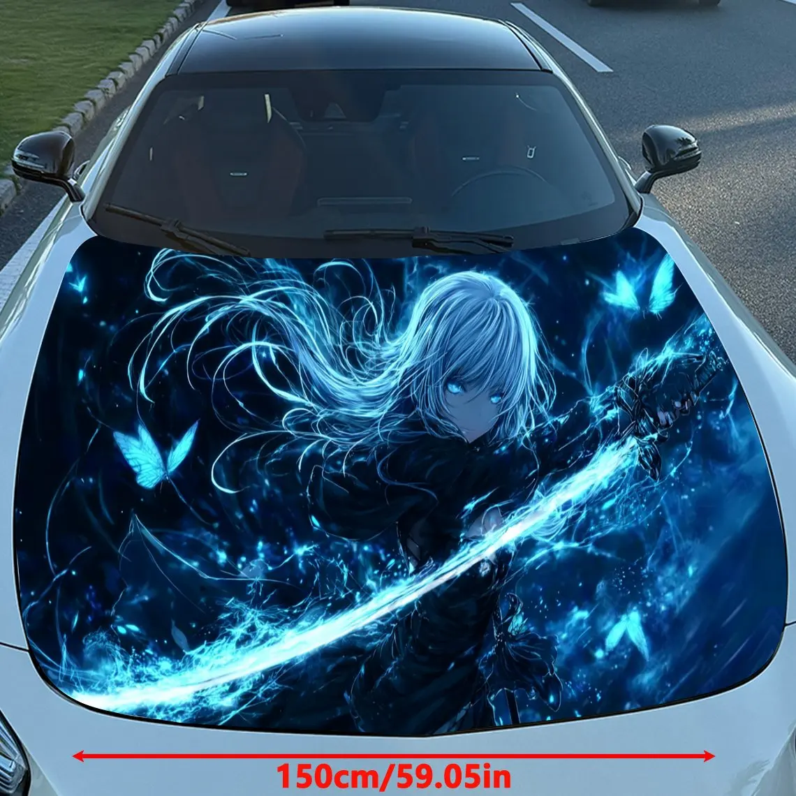 Blue Flame Sword Dance Girl Car Vinyl Wrap, PVC Material Waterproof Car Hood Sticker, Self-Adhesive Scratch-Resistant Stickers f