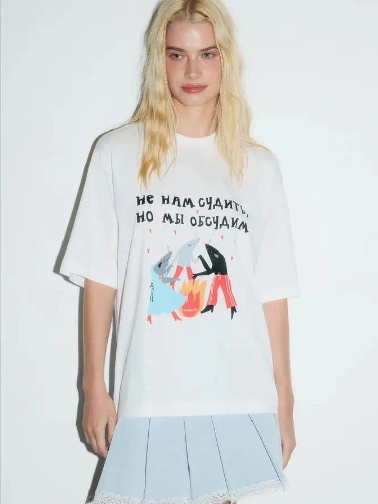 Y2K مريحة القطن لطيف ماوس كاريكاتير الجرافيك المحملة الهيب هوب مضحك كبيرة الحجم تي شيرت الأزواج عادية فضفاض الرجال النساء الروسية