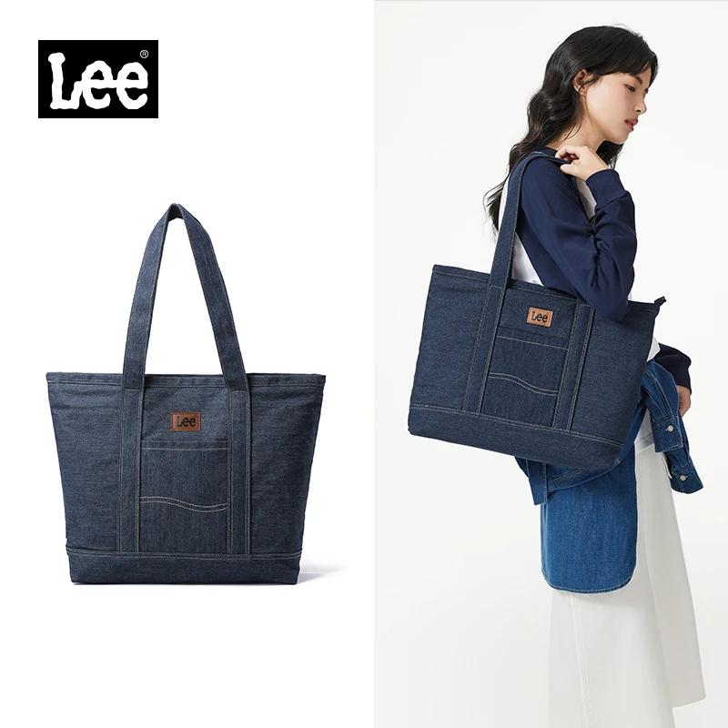 LEE Unisex Utility Canvas Leather Zipper Tote Bag Casual Denim Daily Shopping Handbag Women Man Durable Student School Book Bag
