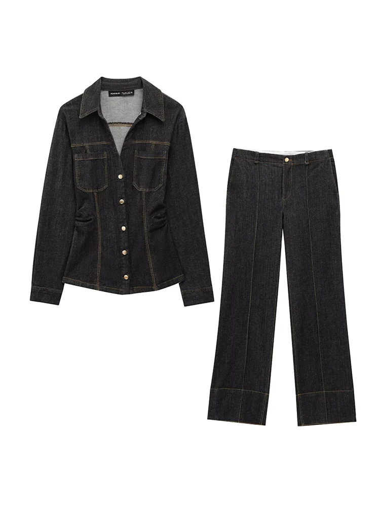 

KUCLUT Women Fashion 2 Piece Set With Pocket Denim Single Breasted Jackets & Vintage Front Zipper Trousers Feamle Pants Sets