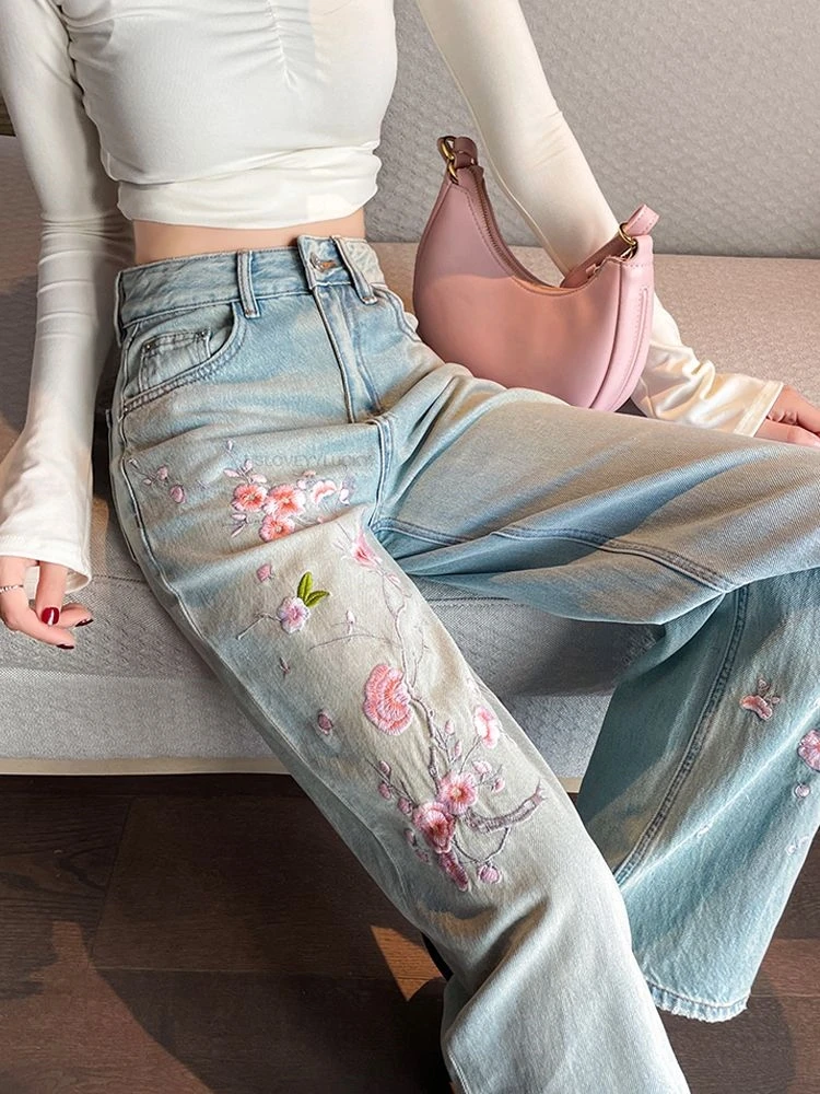 New Chinese Style National Wind Women Flower Embroidery Jeans Spring And Summer New Chinese Style Lady Fashion Retro Pants