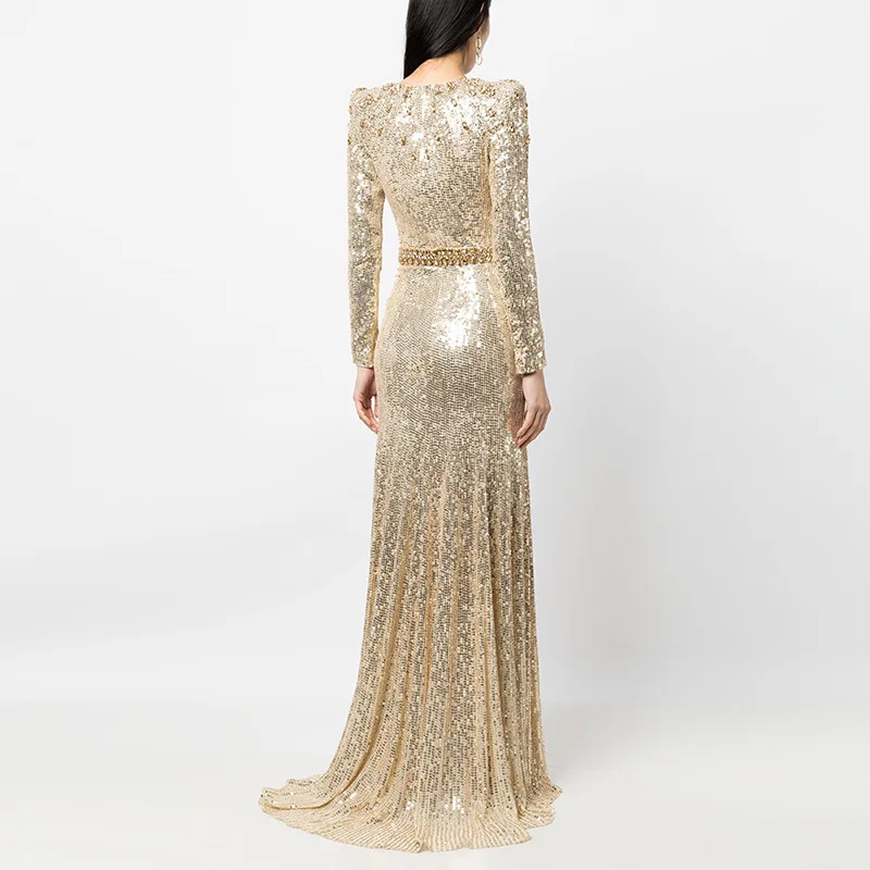 Quality In-Stock Evening Dress 2025 European and American Celebrity Heavy Beading and Rhinestone gold Sequin Long Dress